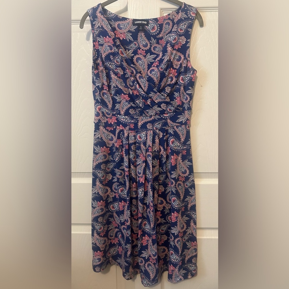 LANDS END Faux Wrap Dress Blue Pink Paisley Print Cotton Sleeveless Small